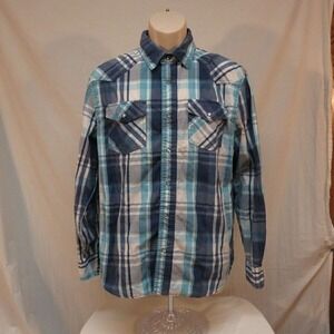 Ditch Plains Shirt Western Pearl Snap Blue Plaid Rodeo Casual Cowboy Size L